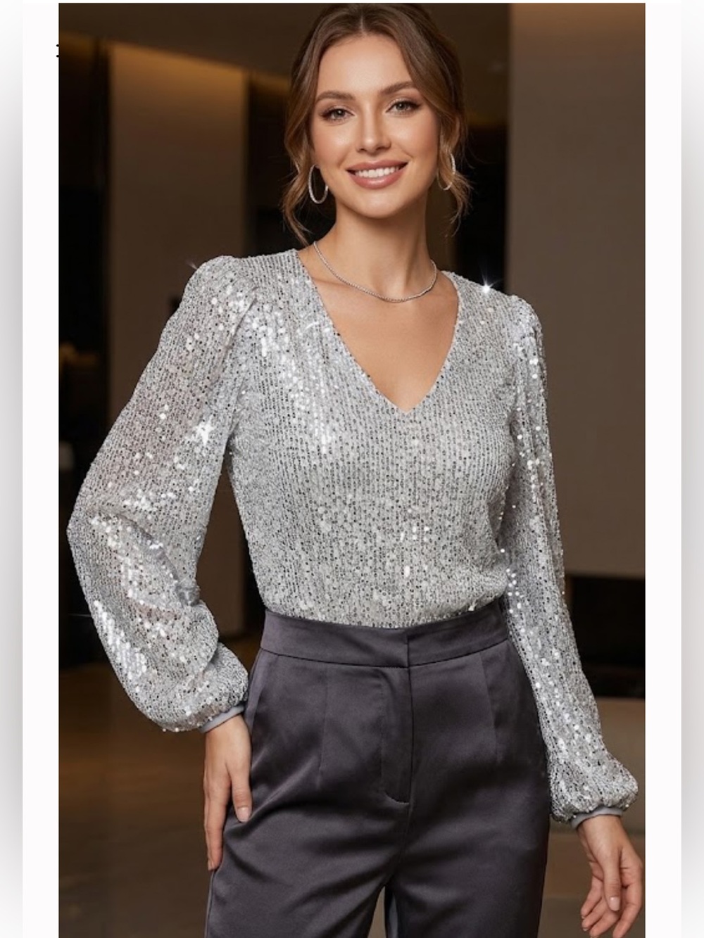 Allie Rosee Silver Sequin Top - Elegant V-Neck
